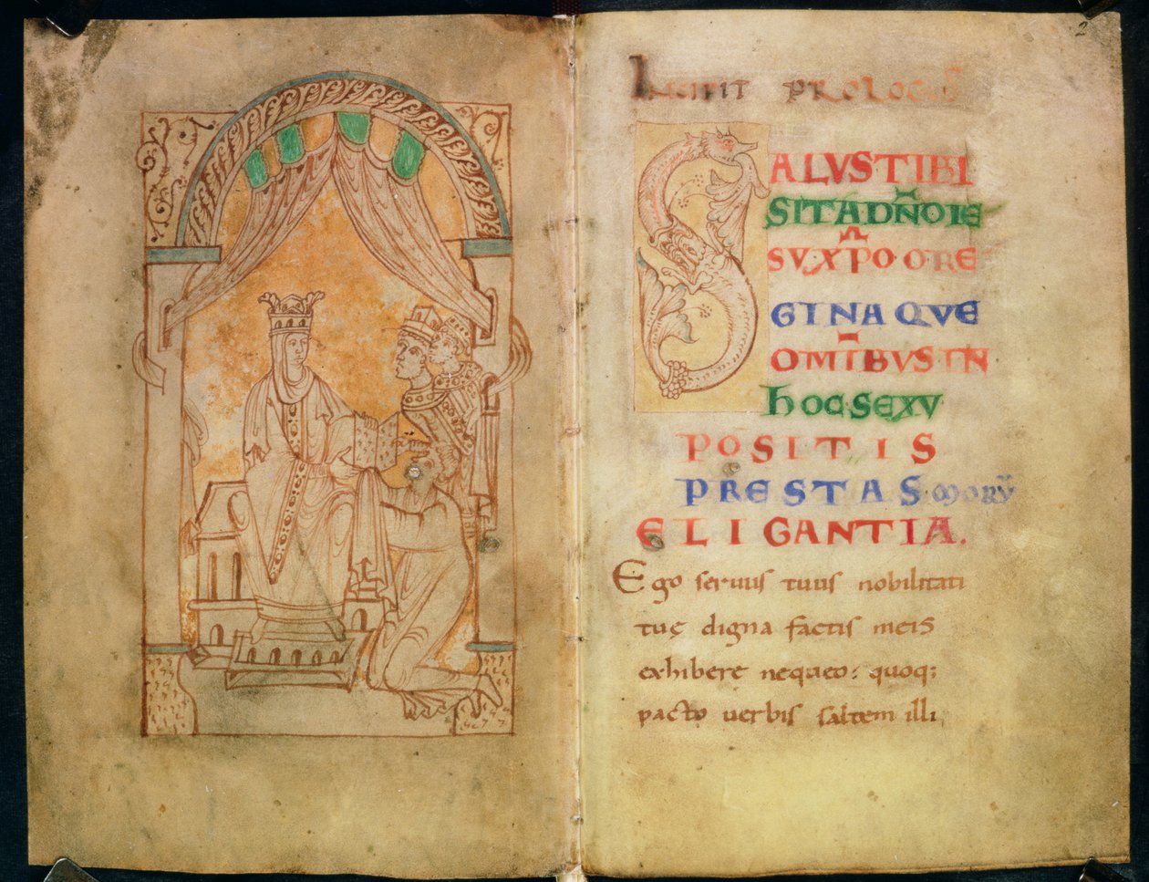 Add 33241 ff.1v-2 Emma királynő, Ethelred II felesége, és Cnut megkapja a könyvet a szerzőjétől; Nagy "S" szöveg alkotó: English School