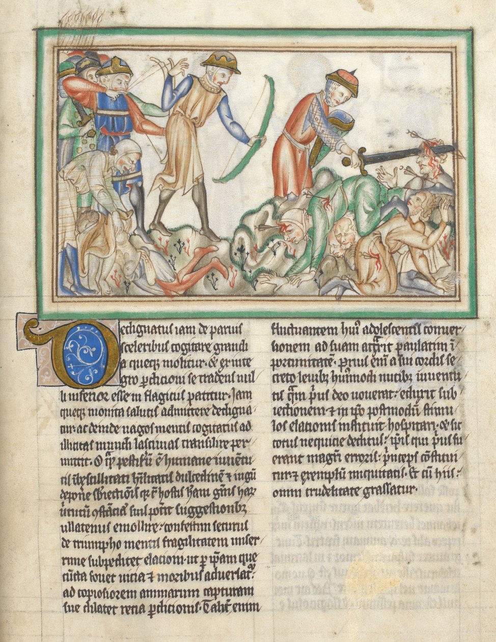 Add hozzá 35166 f.35 Embereket megölnek, Bibliai jelenetek Szent János Apokalipsziséből, Apokalipszis latinul, kommentárral (tinta és szín pergetőn) alkotó: English School