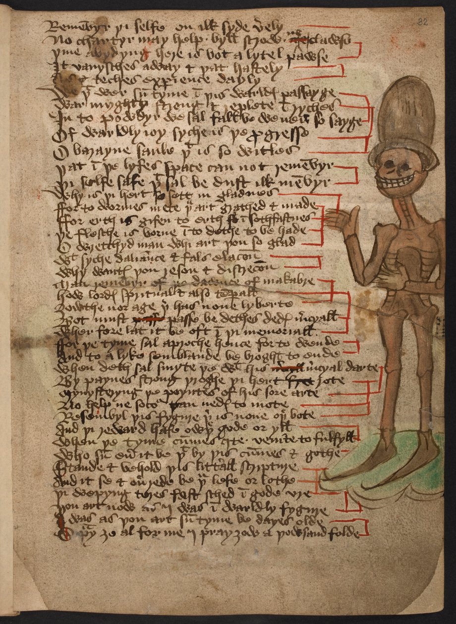 Add hozzá 37049 f.32 Egy vigyorgó, integető és magas kalapot viselő csontváz peremképe, „Makabre hajnala” 1460-1500 körüli képe (tinta és szín pergamen) alkotó: English School