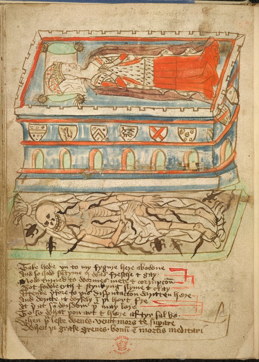Hozzáadás. 37049, f.32v, Egy női holttest fekszik a koporsóban, egy csontváz látható lent, a "The Desert of Religion"-ból alkotó: English School