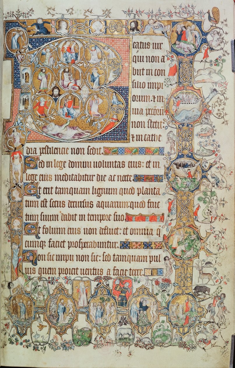 Adja hozzá a 39810 f.7r történelmi „B” kezdőbetűt Jesse-fával és kilenc gyűrűvel, a St. Omer Zsoltárból, 1330-40 körül (vellum) alkotó: English School
