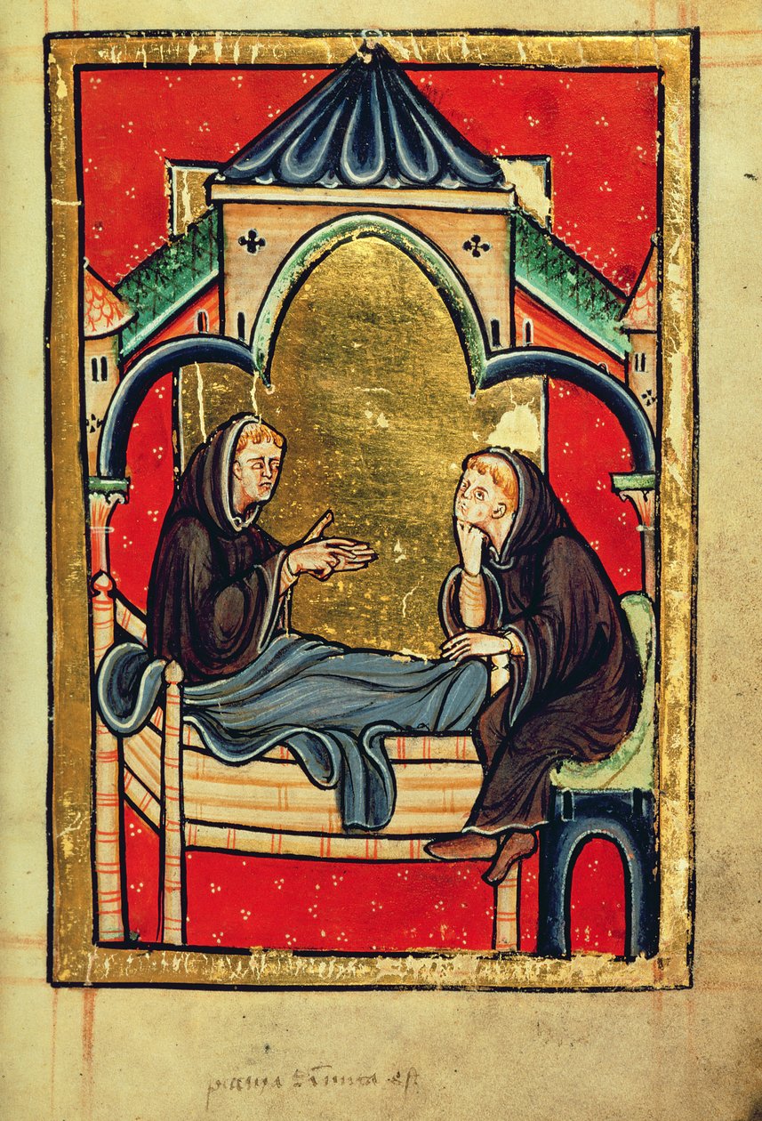 Add hozzá 39943 f.21 Boisil, Cuthbert prior Melrose-ban, halálos ágyán, Bede „Szent Cuthbert élete és csodái” című könyvéből, latin (Durham) (vellum) alkotó: English School