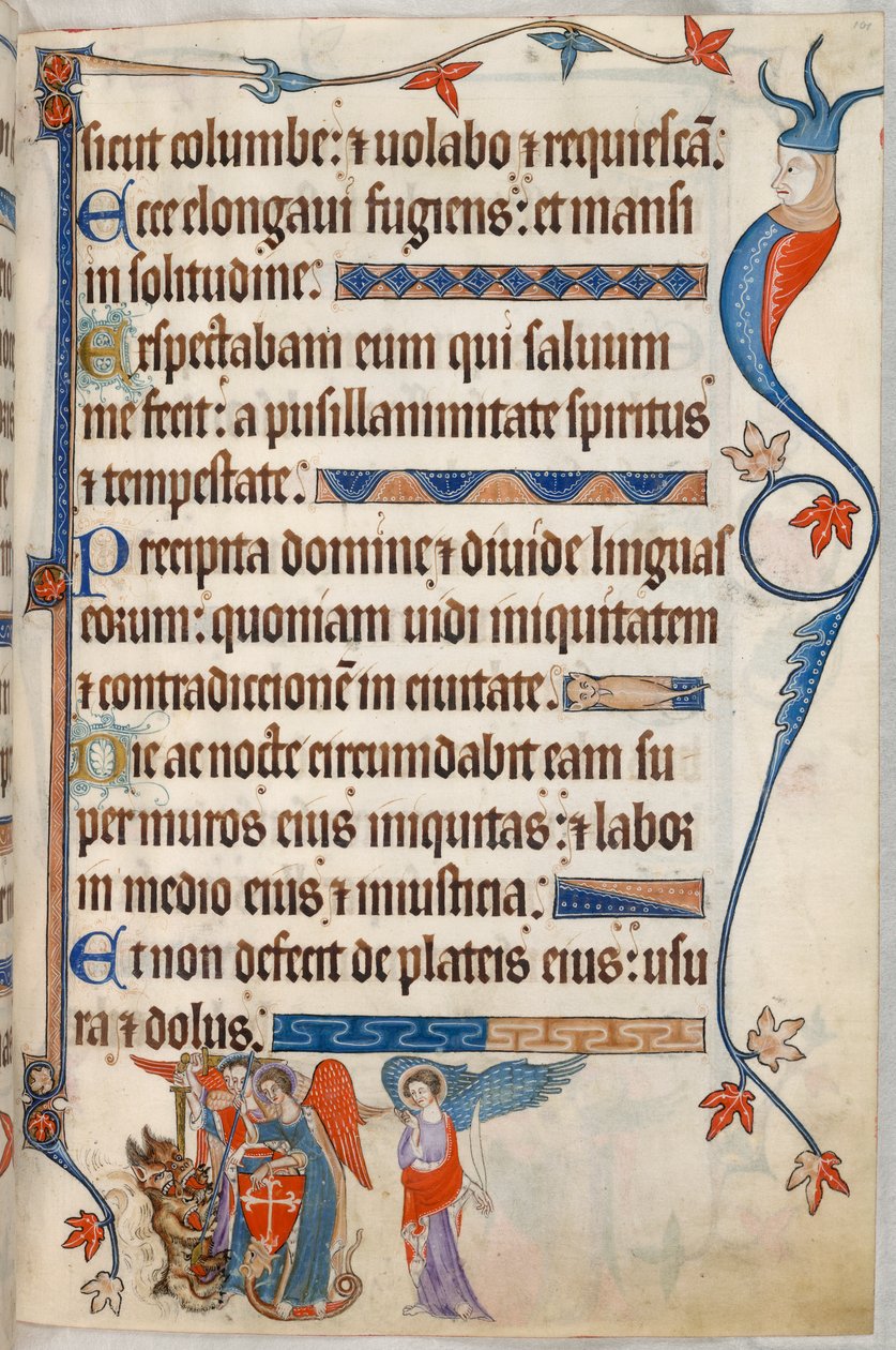 Hozzáadás. 42130, f.101, 54. zsoltár, Arkangyalok harcolnak az ördöggel, a „Luttrell Zsoltárból”, 1325-35 körül (vellum) alkotó: English School