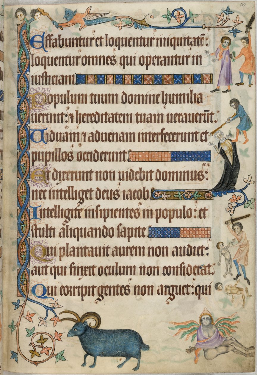 Hozzáadás. 42130 , f.169, 93. zsoltár, gyilkossági jelenetek, a „Luttrell Zsoltárból”, 1325-35 körül (vellum) alkotó: English School