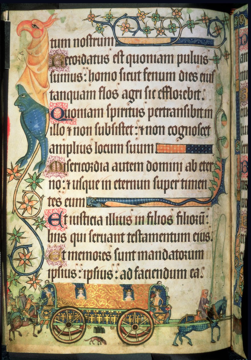 Add hozzá a 42130 f.181v 102. zsoltárt: Utazókocsi királyi hölgyeknek, a „Luttrell Zsoltárból”, 1325-35 körül (vellum) alkotó: English School