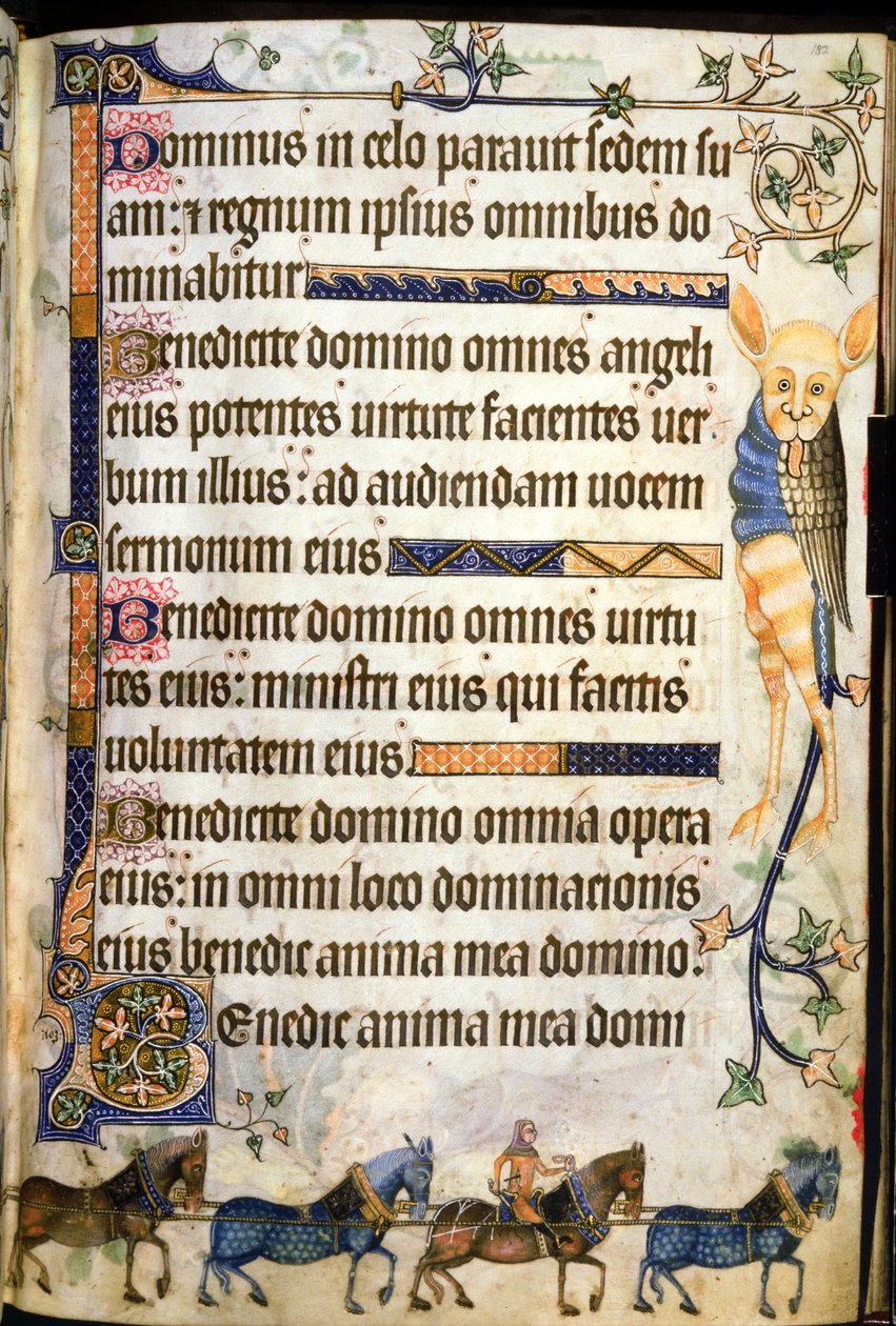 Adja hozzá a 42130 f.182 szöveges lovas rajzkocsit, amely az f.181v-n látható, a „Luttrell Zsoltárból”, c.1325-35 (vellum) alkotó: English School