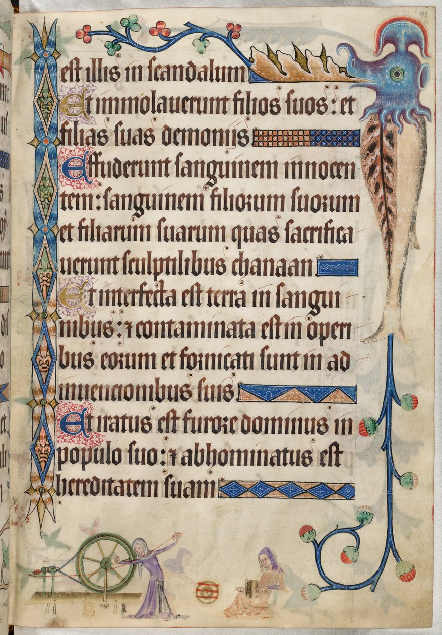 Hozzáadás. 42130, f.193, 105. zsoltár, Gyapjúfonó és kártoló nők, „Luttrell Psalter”, 1325-35 körül (vellum) alkotó: English School