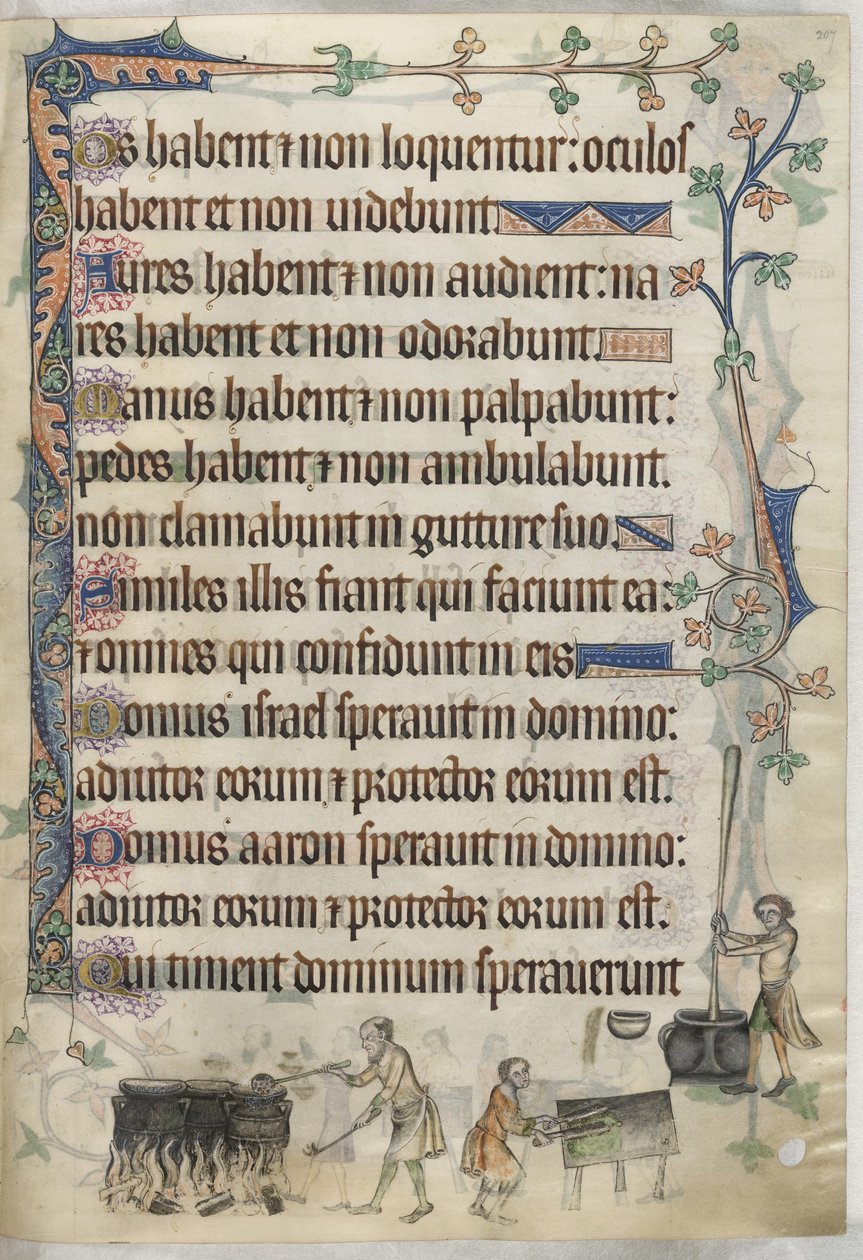 Hozzáadás. 42130, f.207 Az étel elkészítése és főzése, illusztráció a „Luttrell Zsoltárból”, c.1325-35 (vellum) alkotó: English School