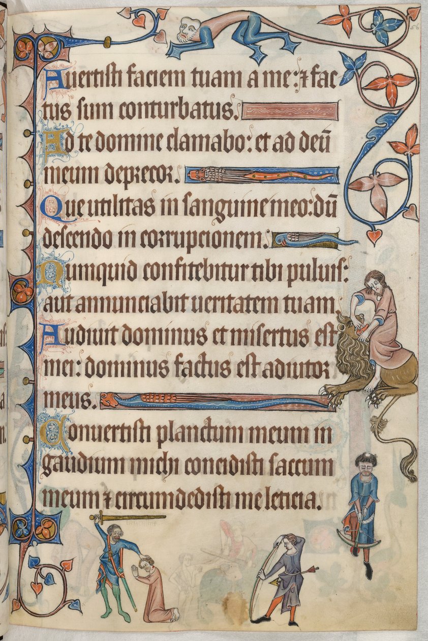 Hozzáadás. 42130, f.56, 29. zsoltár, Lancaster Tamás kivégzése, „Luttrell Psalter”, 1325-35 körül (vellum) alkotó: English School