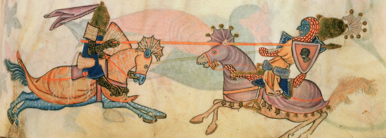 Add hozzá 42130 f.82 Részlet két lovagi lovaglásról, a „Luttrell Zsoltárból”, 1325-35 körül (vellum) alkotó: English School