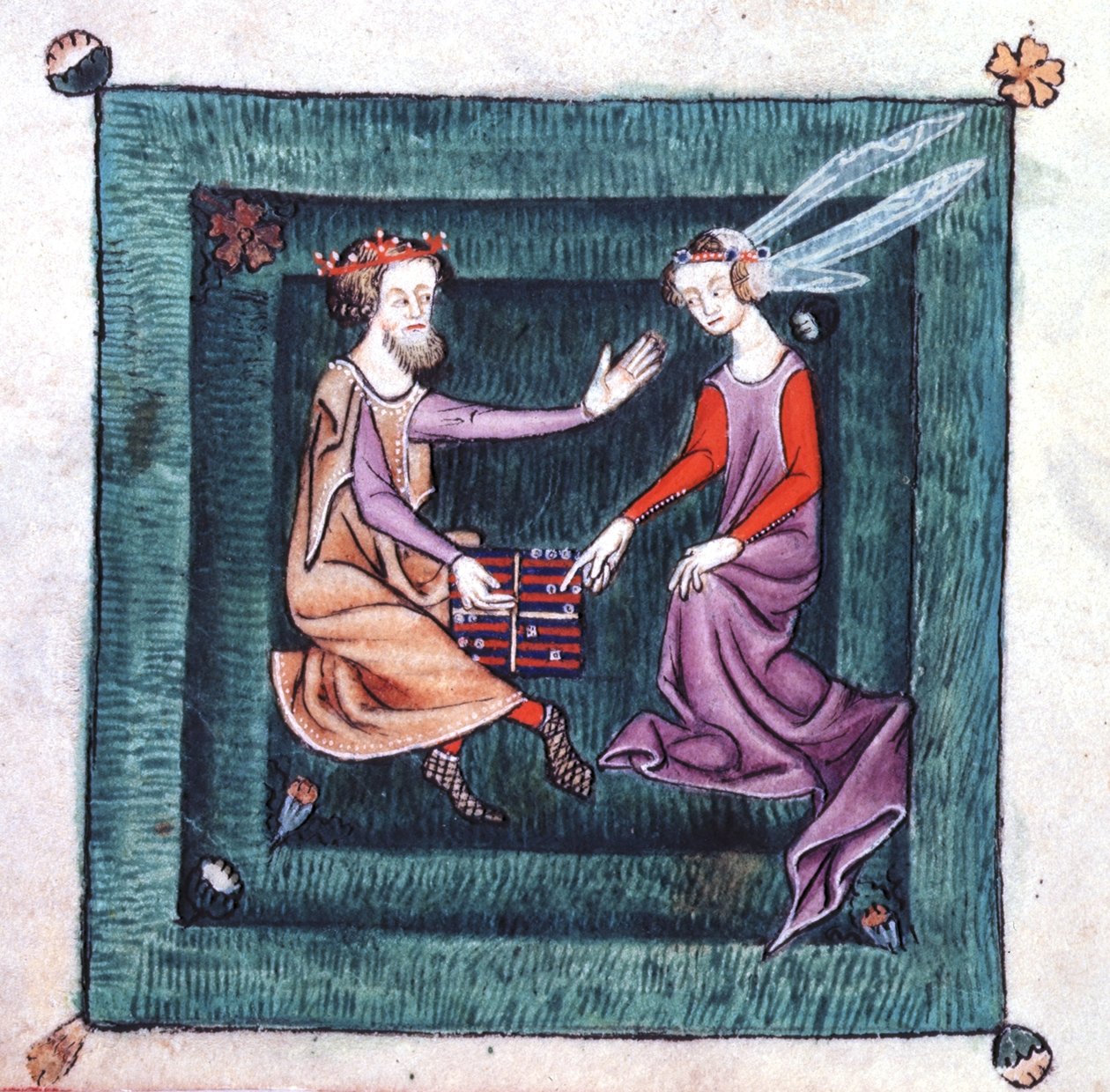 Add hozzá a 42130 fol.76v Egy királyt és hölgyet, aki egy kertben ül, és backgammonra emlékeztető társasjátékot játszik a Luttrell Zsoltárból, amelyet 1340 előtt Sir Geoffrey Luttrell (vellum) indított el. alkotó: English School