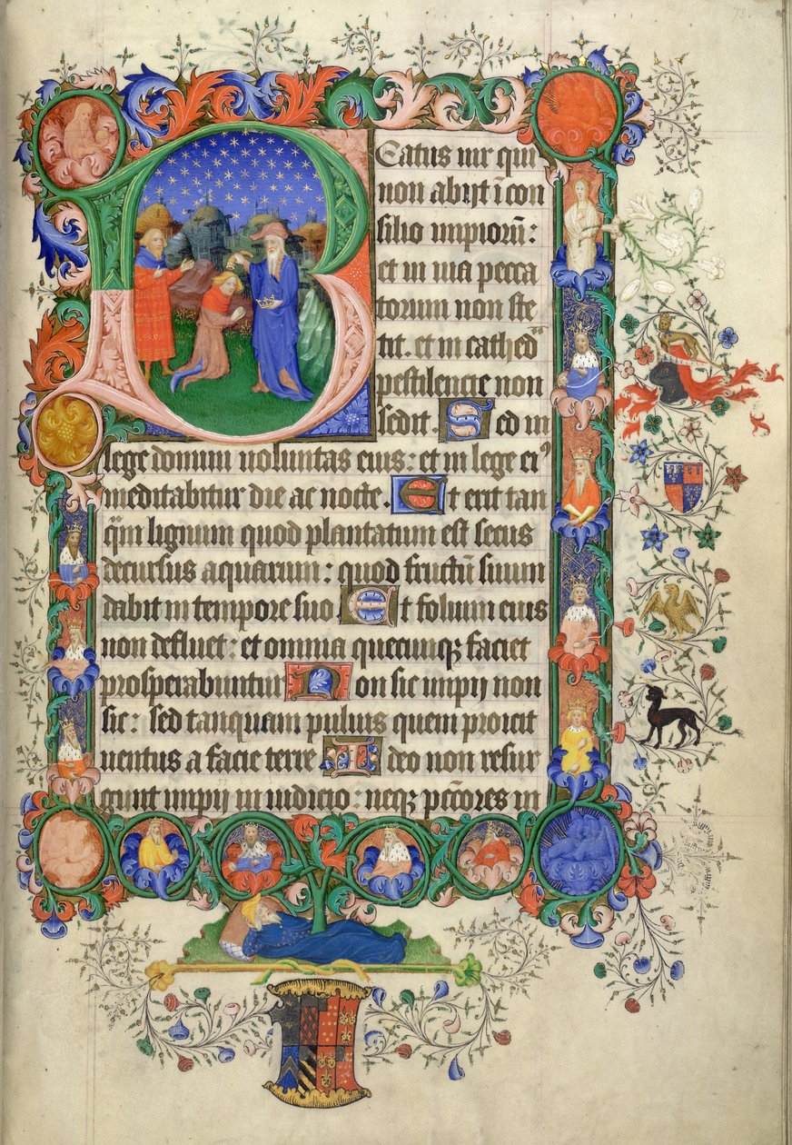 Hozzáadás. 42131 fol.73 1. zsoltár, „B” kezdőbetűvel kezdődően; Dávidot Sámuel felkent, Jesse figyelte, a Bedford Zsoltárból és az órákból alkotó: English School