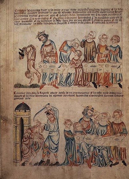 Add hozzá a 47682 f.21v Salome-t, aki Heródes és Keresztelő János halála előtt táncol, a „Holkham-bibliából”, 1320-30 körül (vellum) alkotó: English School