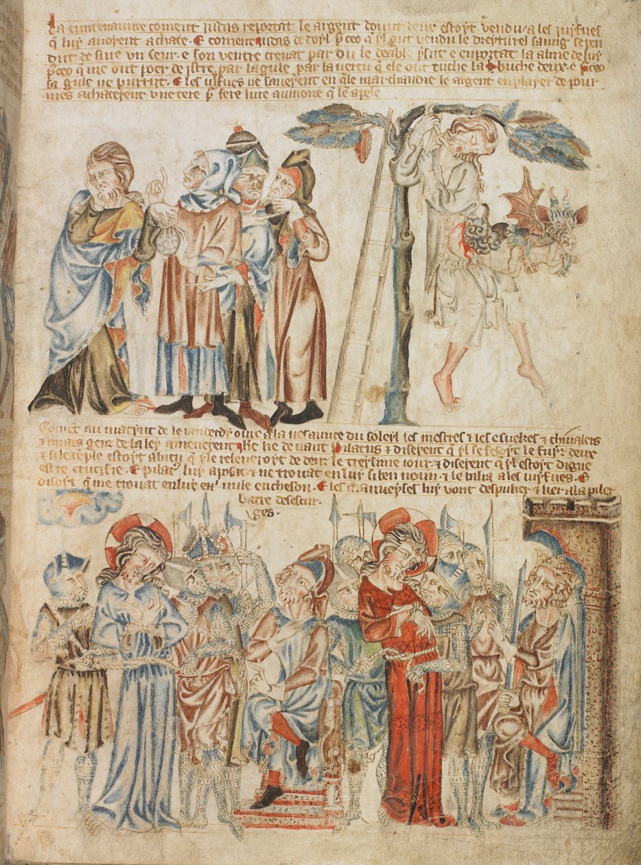 Hozzáadás. 47682, f.30, Júdás visszaadja a harminc ezüstöt; Júdás halála; Krisztus Pilátus és Heródes előtt, Holkham Biblia Képeskönyvéből, 1320-30 körül (vellum) alkotó: English School