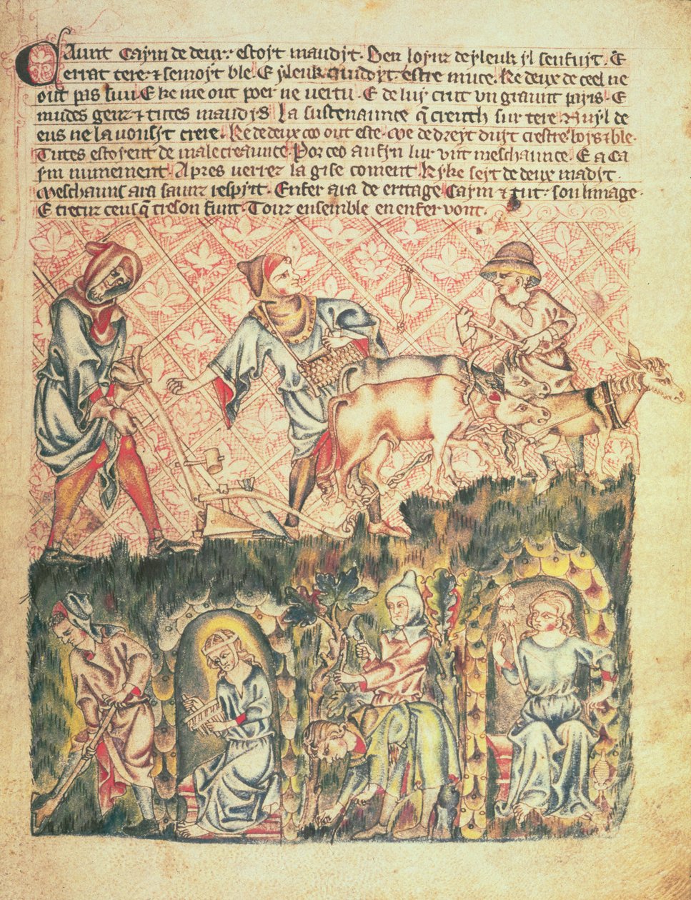 Add hozzá a 47682 f.6 Káint és leszármazottait, a „Holkham Bibliából”, 1320-30 körül (vellum) alkotó: English School