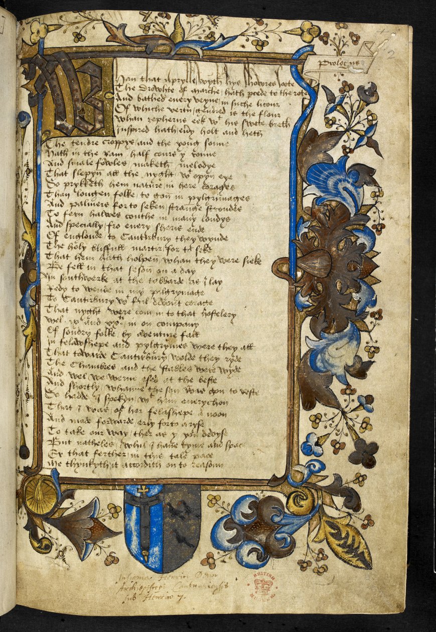 Hozzáadás. 5140 f.2 Initial "W", Geoffrey Chaucer "Canterbury meséinek" prológusa, 1500 körül (tinta és színes pergamen) alkotó: English School
