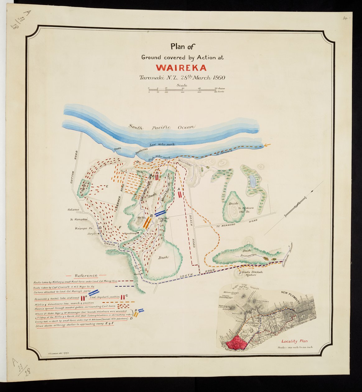 Hozzáadás. 57717, 14. tábla, „Waireka, Taranaki N.Z. tevékenységének alaprajza, 1860. március 28. (toll, tinta és akvarell papíron) alkotó: English School