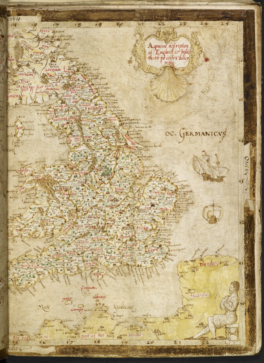 Hozzáadás. 62540, ff.3v-4, Nagy-Britannia és Írország térképe, a „Nowell-Burghley Atlas”-ból, Nagy-Britannia részlete, 1564 körül (vellum) alkotó: English School