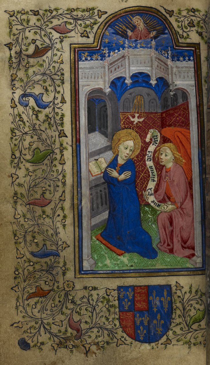 Hozzáadás. 65100, f.27v Az Angyali üdvözlet, Catherine de Valois órái, 1420-22 körül (vellum) alkotó: English School