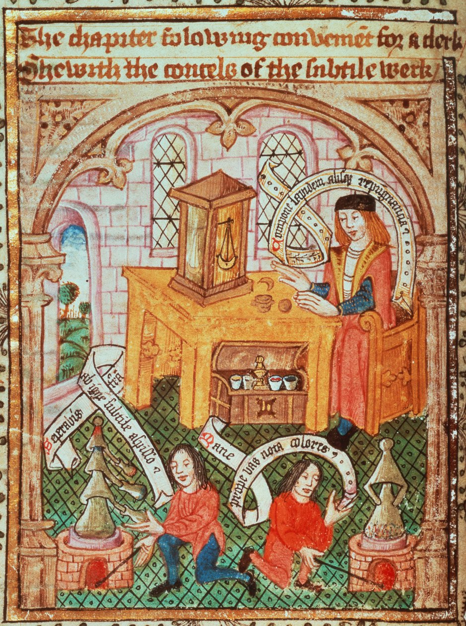 Add hozzá a hozzávalókat előkészítő MS 10302 f.37v Alchemy mestert, Thomas Norton „The Ordinal of Alchemy” című könyvéből, 1477 körül (vellum) alkotó: English School