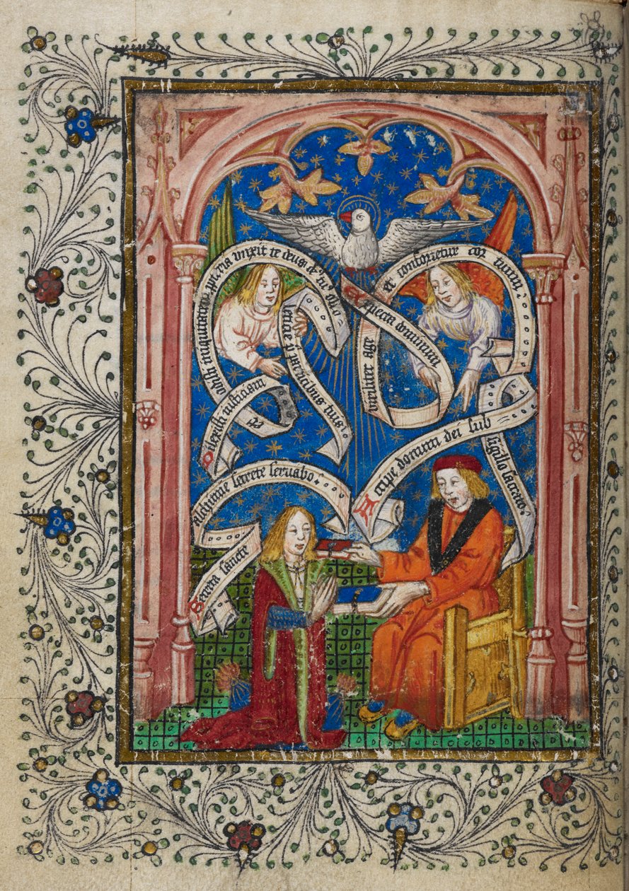 MS 10302 f.6v hozzáadása Egy alkimista tanítvány kap egy könyvet a mesterétől, Thomas Norton „The Ordinal of Alchemy” című művéből, 1477 körül (vellum) alkotó: English School