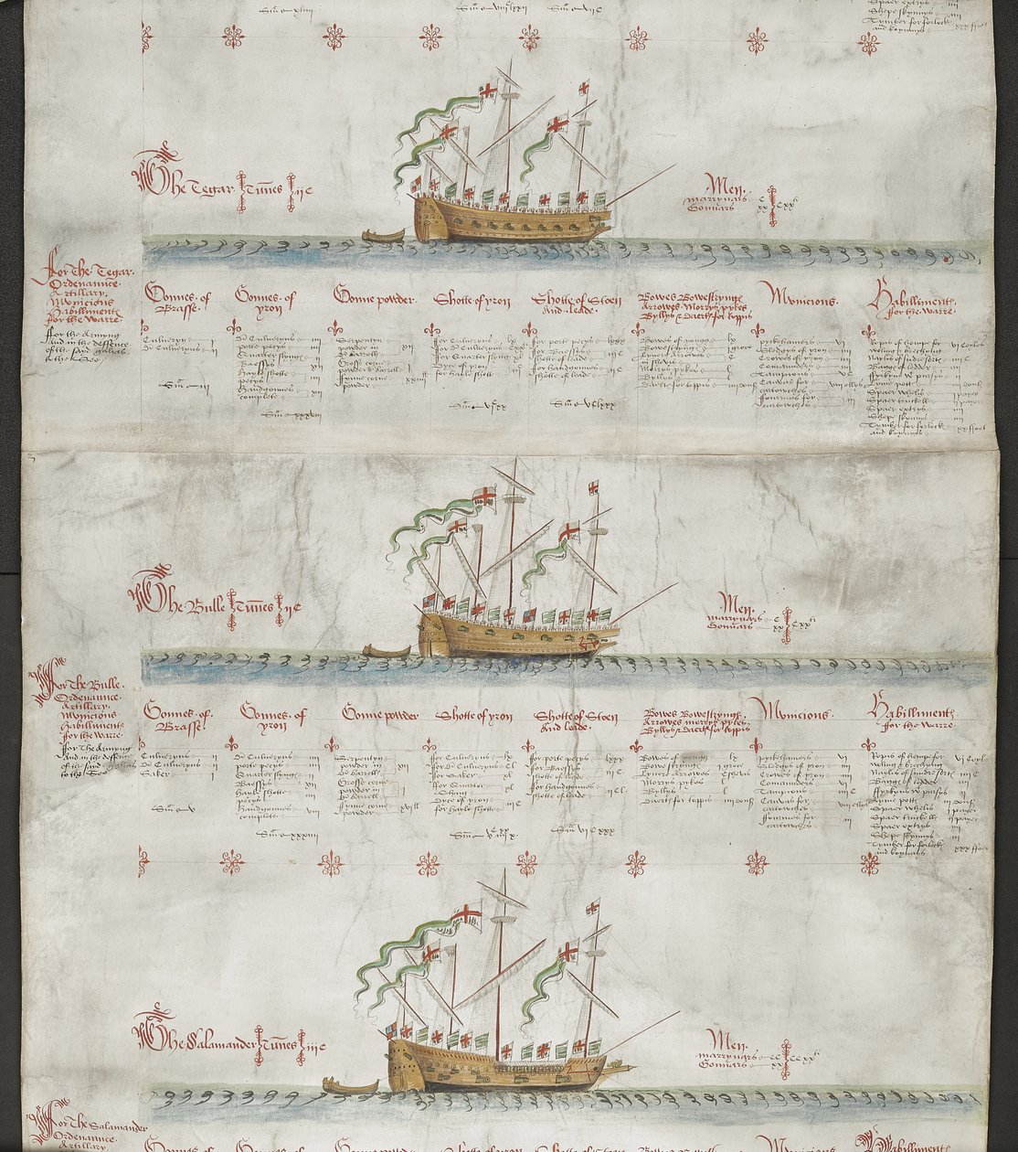 Adja hozzá az MS 22047 f.3r-t, felülről lefelé: A tigris, a bika és a szalamandra, a „The Anthony Roll”-ból alkotó: English School