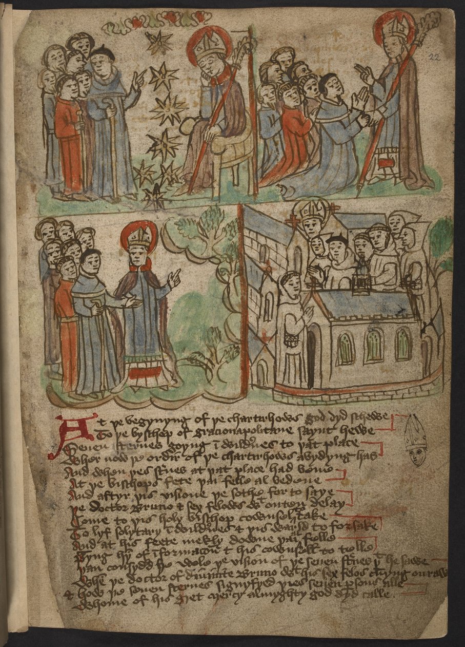 Adja hozzá az MS 37049, f.22 The Carthusian Miscellany (vallásos próza és vers) című dokumentumot észak-angolul, beleértve Mandeville utazásainak megtestesítőjét (összefoglalóját) (tintával és színekkel papíron) alkotó: English School