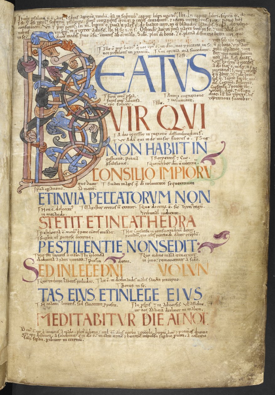 Adja hozzá az MS 37517, f. 4r, A Beatus-iniciál (Beatus vir), amely a Zsoltárok könyvét a „Bosworth Psalter”-ből (vellum) kezdi alkotó: English School