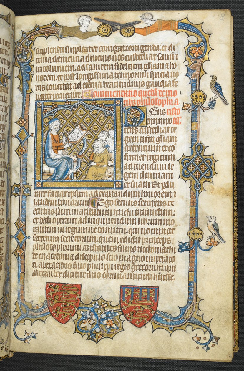 Add hozzá az MS 47680, f.8r, Arisztotelész tanítását a "Secretum Secretorum"-ból alkotó: English School
