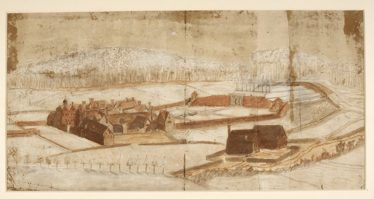 Add hozzá az MS 78610H View of Wottont a kerttel, a barlanggal és a környékkel, 1650 körül (toll és tinta zsírkrétával és mosás papíron) alkotó: English School