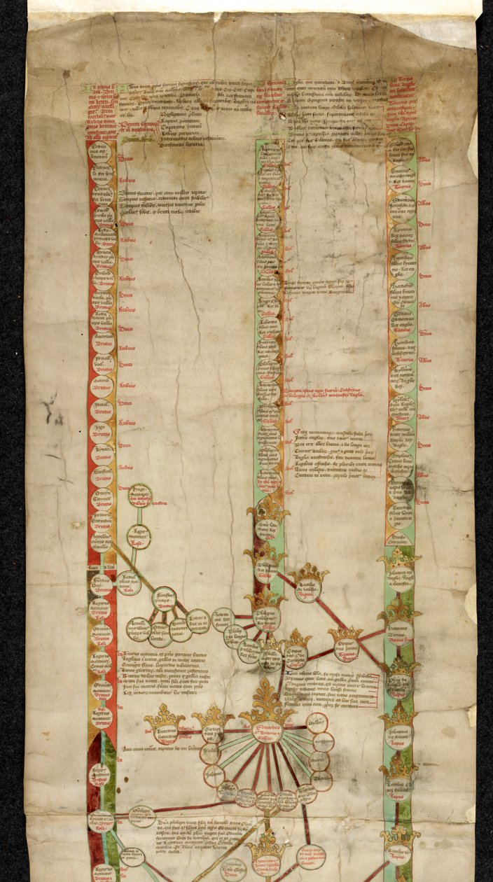 Kiegészítő MS 18268 A, Negyedik Edward Anglia genealógiája, amely Wales, Franciaország és Anglia koronája címét mutatja be három származási sorban. alkotó: English School