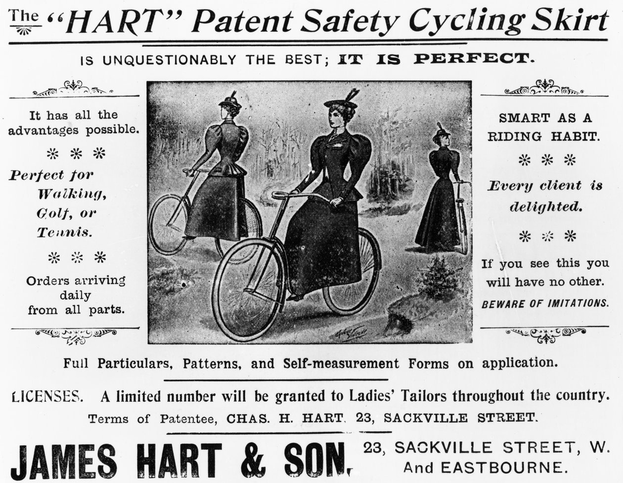 A The Hart Patent Safety Cycling Skirt hirdetése, 1897 körül (nyomtatott papír) alkotó: English School