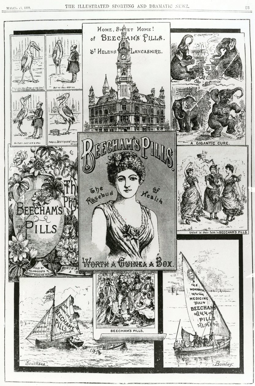 A Beechams tabletták, az egészség rózsabimbójának reklámja, 1890 alkotó: English School