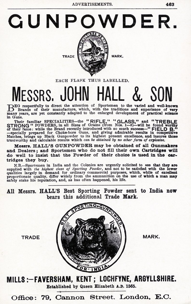 John Hall & Son urak reklámja a Gunpowder-hez (litho) alkotó: English School