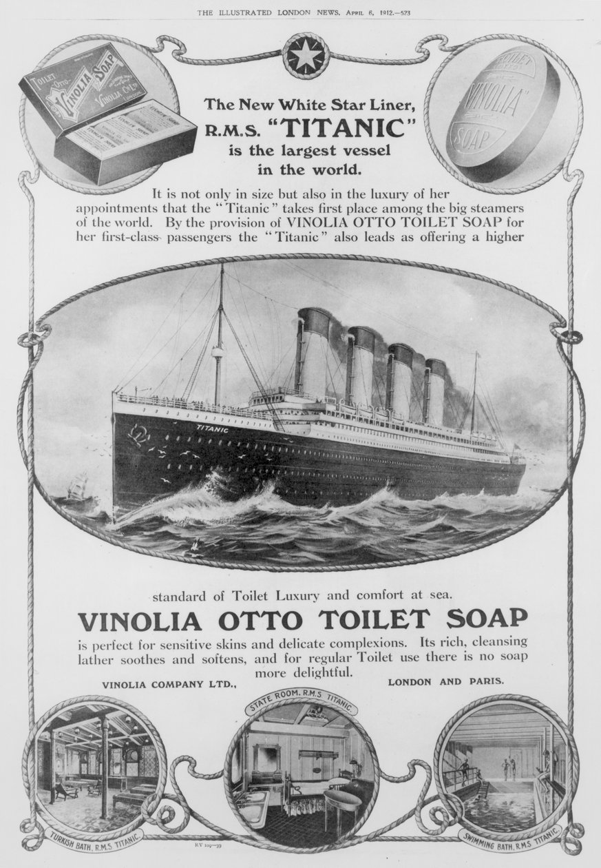 A Titanicon használt Vinolia Otto WC-szappan reklámja a The Illustrated London News 1912. április 6-i számából (metszet) (fekete-fehér fotó). alkotó: English School