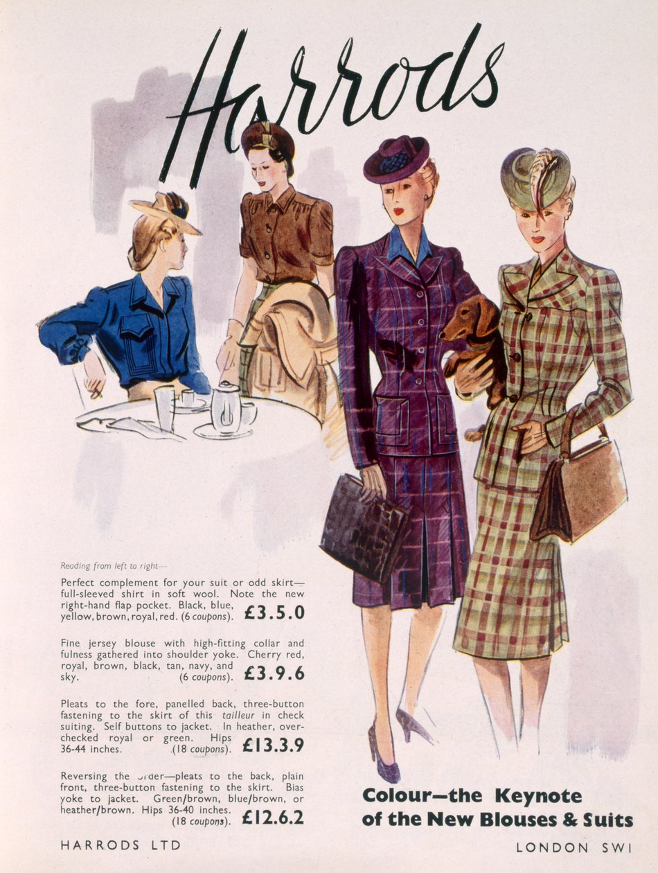 Női blúzok és öltönyök hirdetése a Harrodsnál, 1945 alkotó: English School