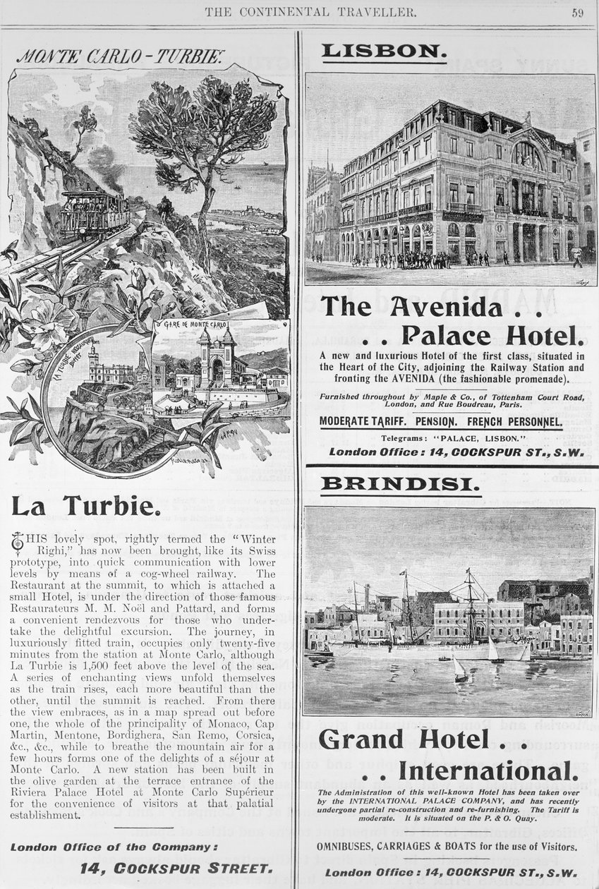 A La Turbie étterem, az Avenida Palace Hotel és a Grand Hotel International hirdetései a „The Continental Traveller” (újságpapír) 59. oldaláról alkotó: English School