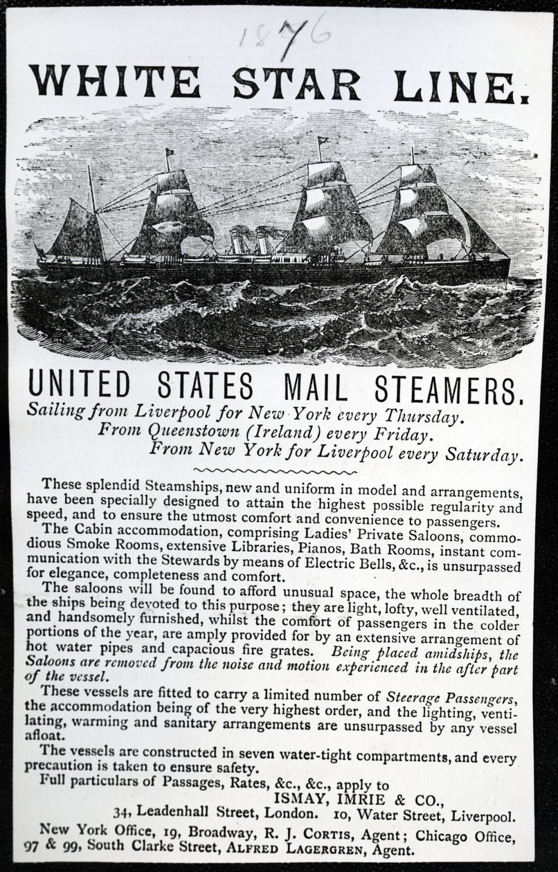 A White Star Line reklámja, 1876 (nyomtatott papír) alkotó: English School