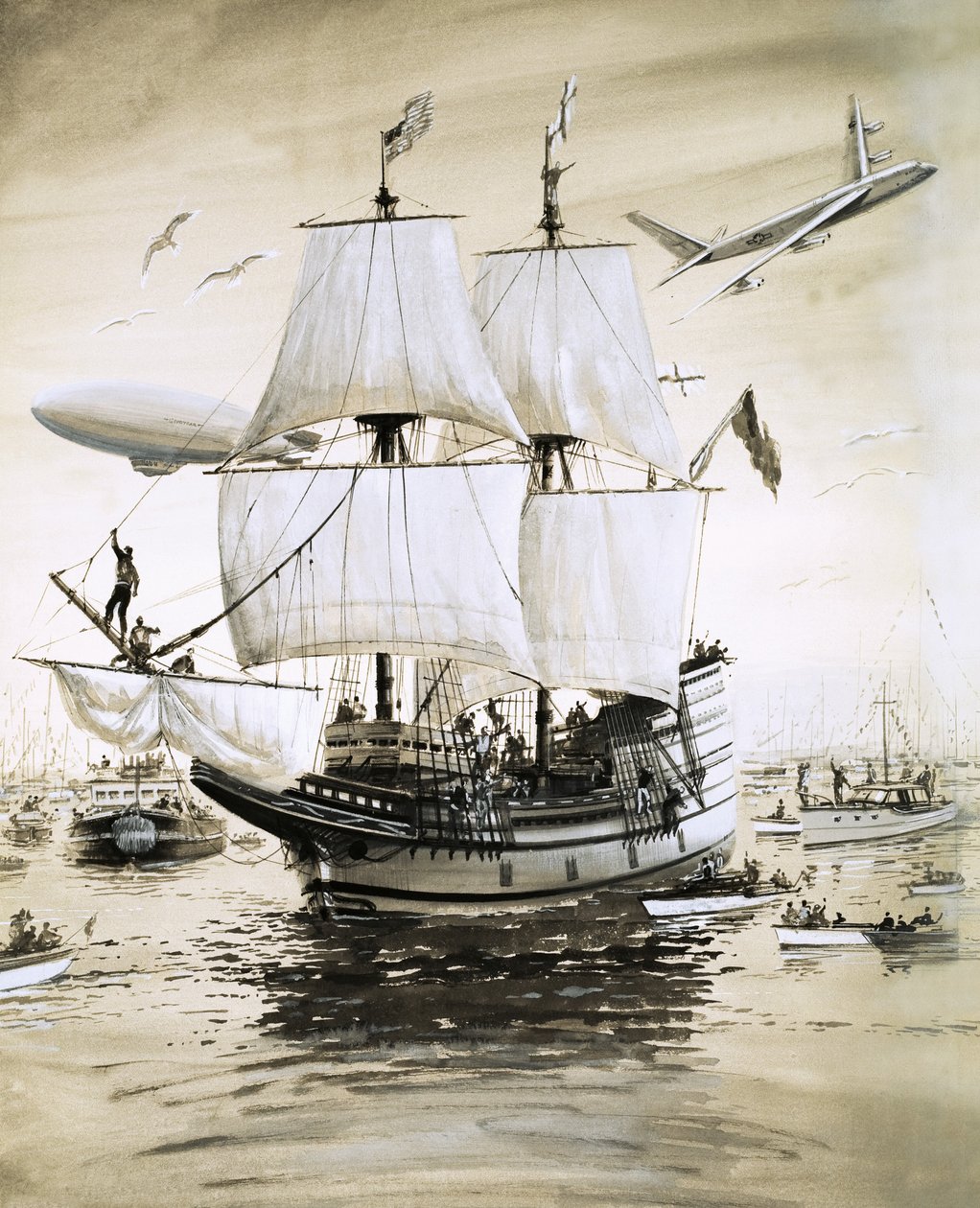 Alan Villiers újraalkotja a zarándok atyák Mayflowerét, és átvitorlázik az Atlanti-óceánon. alkotó: English School