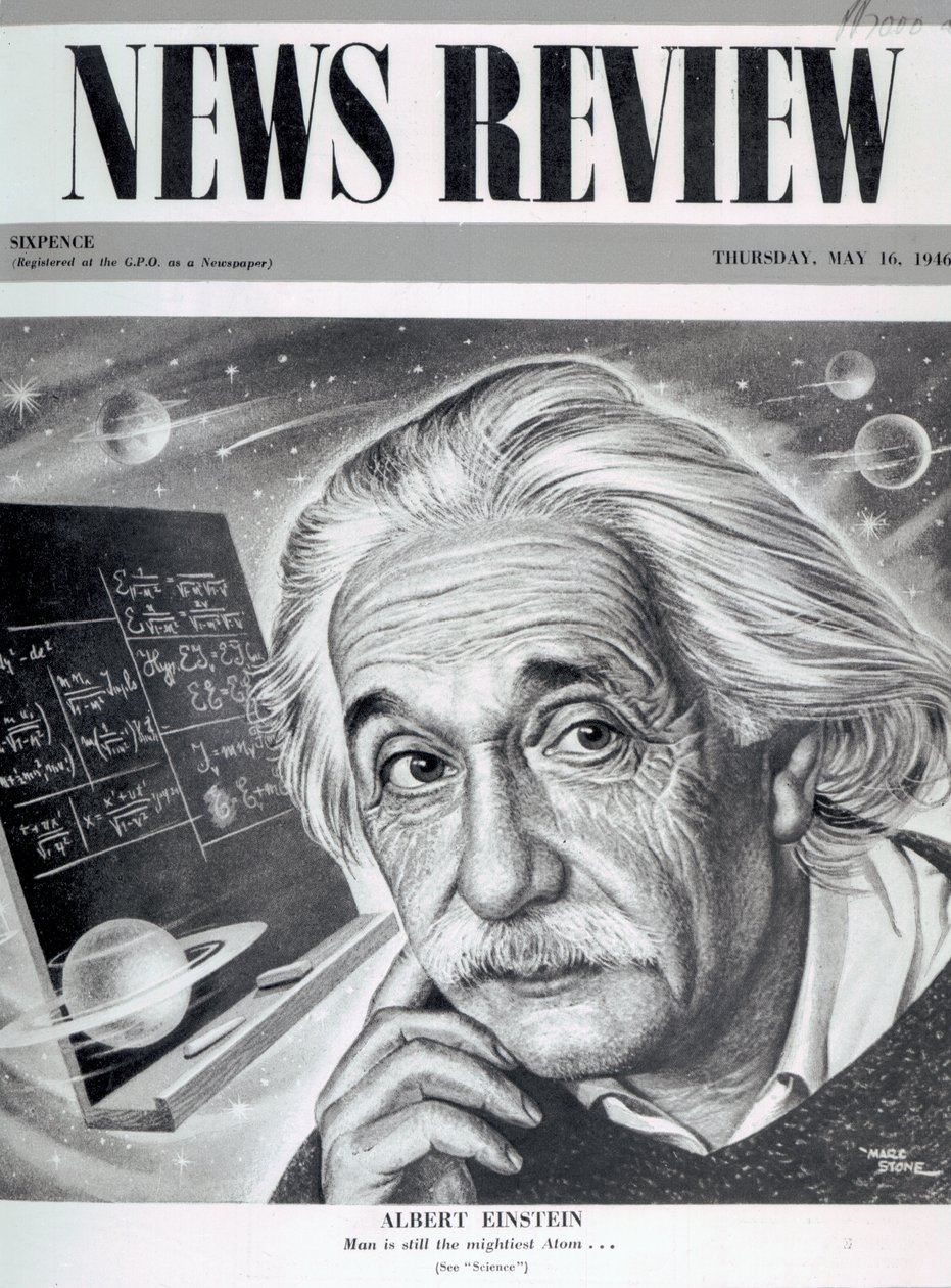 Albert Einstein a „News Review” címlapján, 1946. május 16. (nyomtatott) alkotó: English School