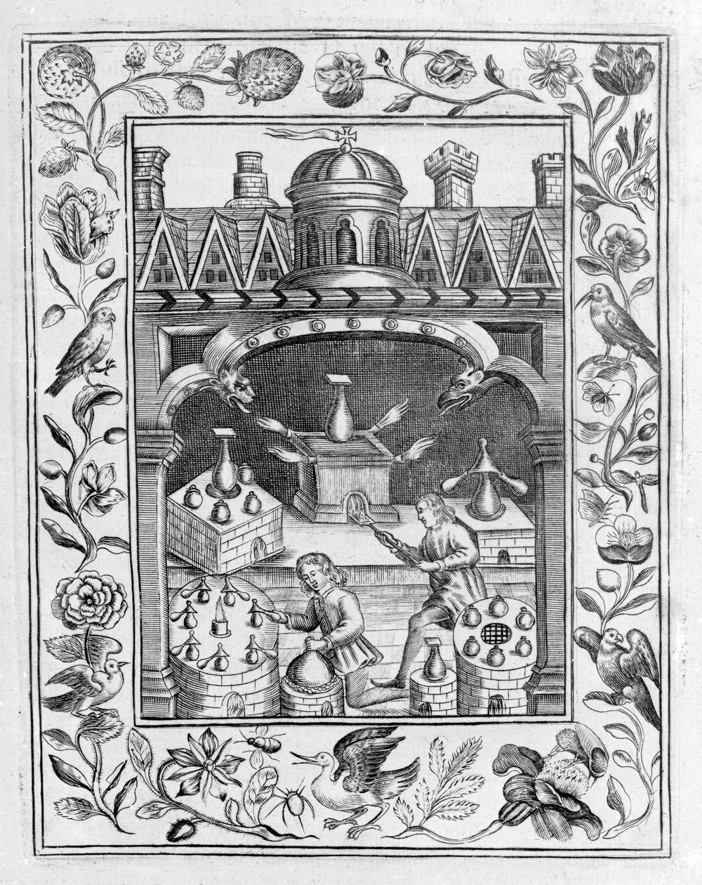 Különféle kemencéket és edényeket bemutató alkímiai laboratórium, amelyet a Theatrum Chemicum Britannicumból vett Elias Ashmole, 1652 alkotó: English School