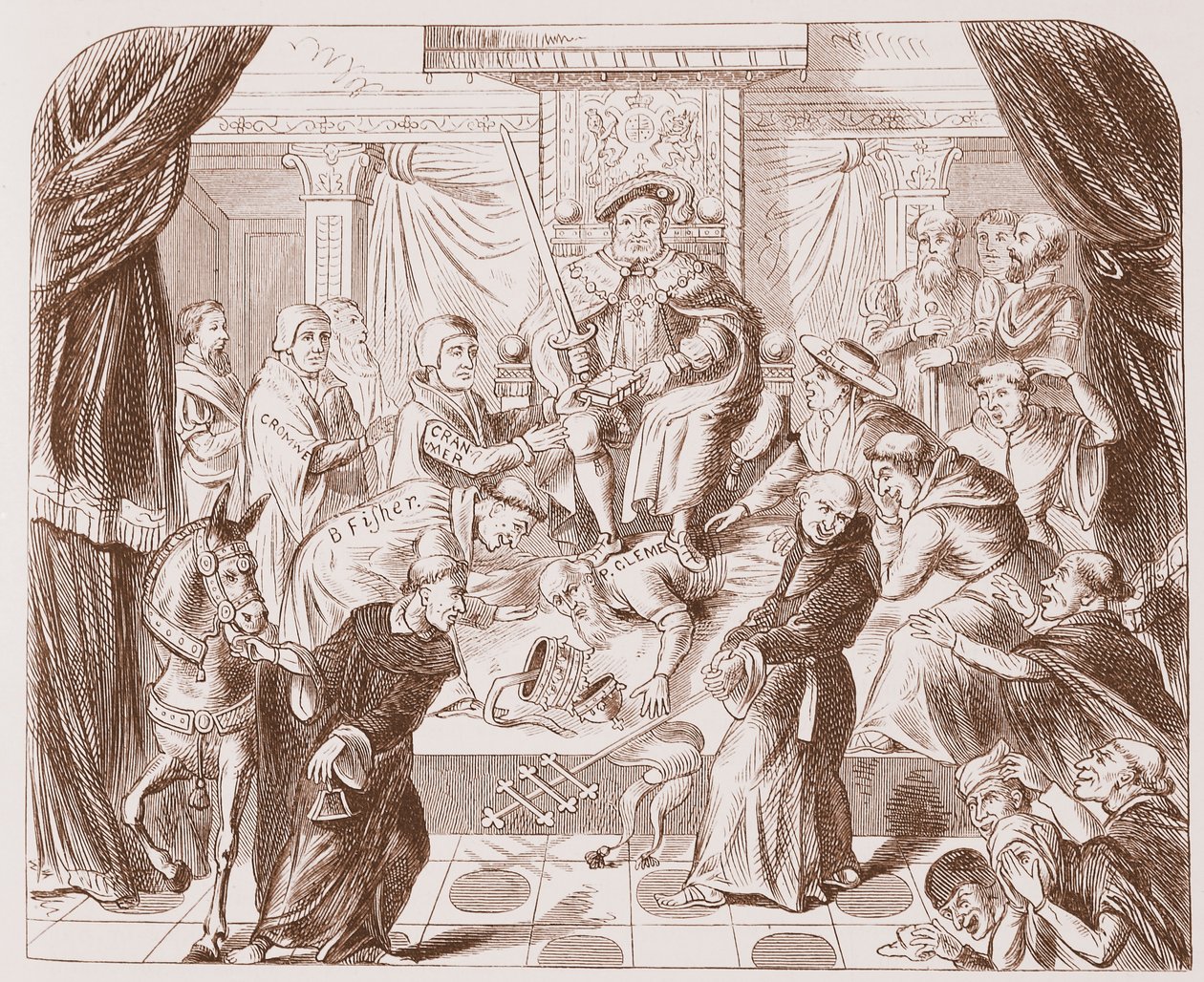VIII. Henrik Kelemen pápát taposó allegorikus képe, a British Museum egy régi nyomatáról alkotó: English School