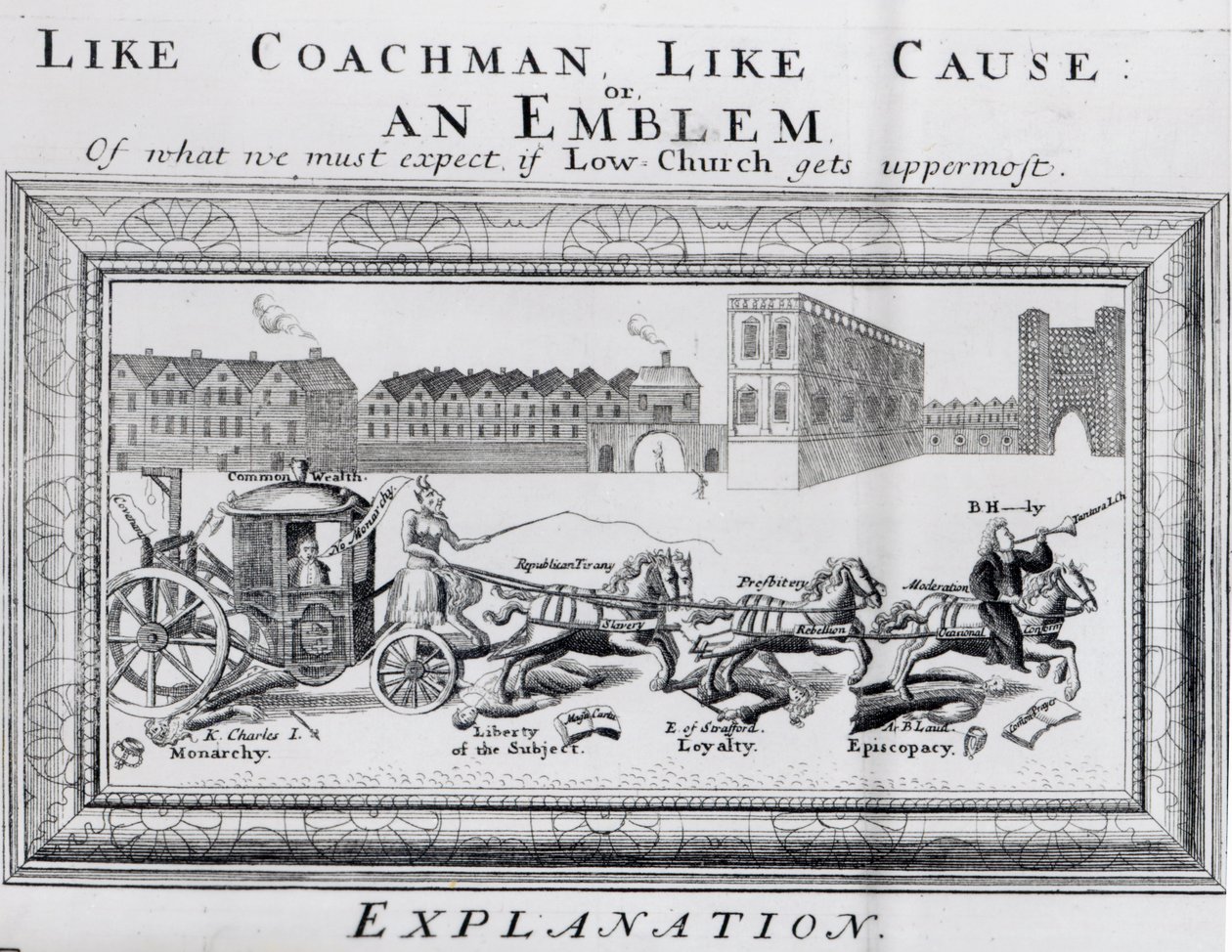 Az alacsony egyházi puritánizmus veszélyeinek allegóriája a Monarchiára, az alany szabadságára, hűségre és püspökségre, 1640-45 körül alkotó: English School