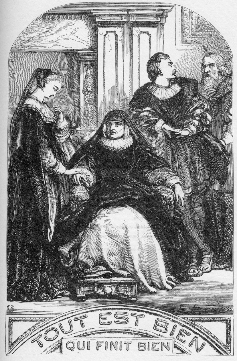 Minden rendben van, ami jól végződik – Illusztráció a „” William Shakespeare műveivel kiegészítve” című könyvben” 1866 – A kiadás illusztrációi és általános formája Cassell illusztrált Shakespeare-jéből származik, amely Londonban jelent meg alkotó: English School