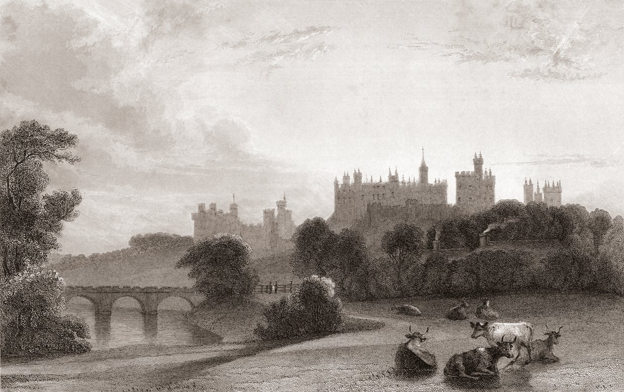 Alnwick Castle, Alnwick, Northumberland, Anglia, a 19. század elején. Helyszínként használták a Harry Potter filmekben. Churton 1836-ban kiadott Portré és tájképtárából. alkotó: English School