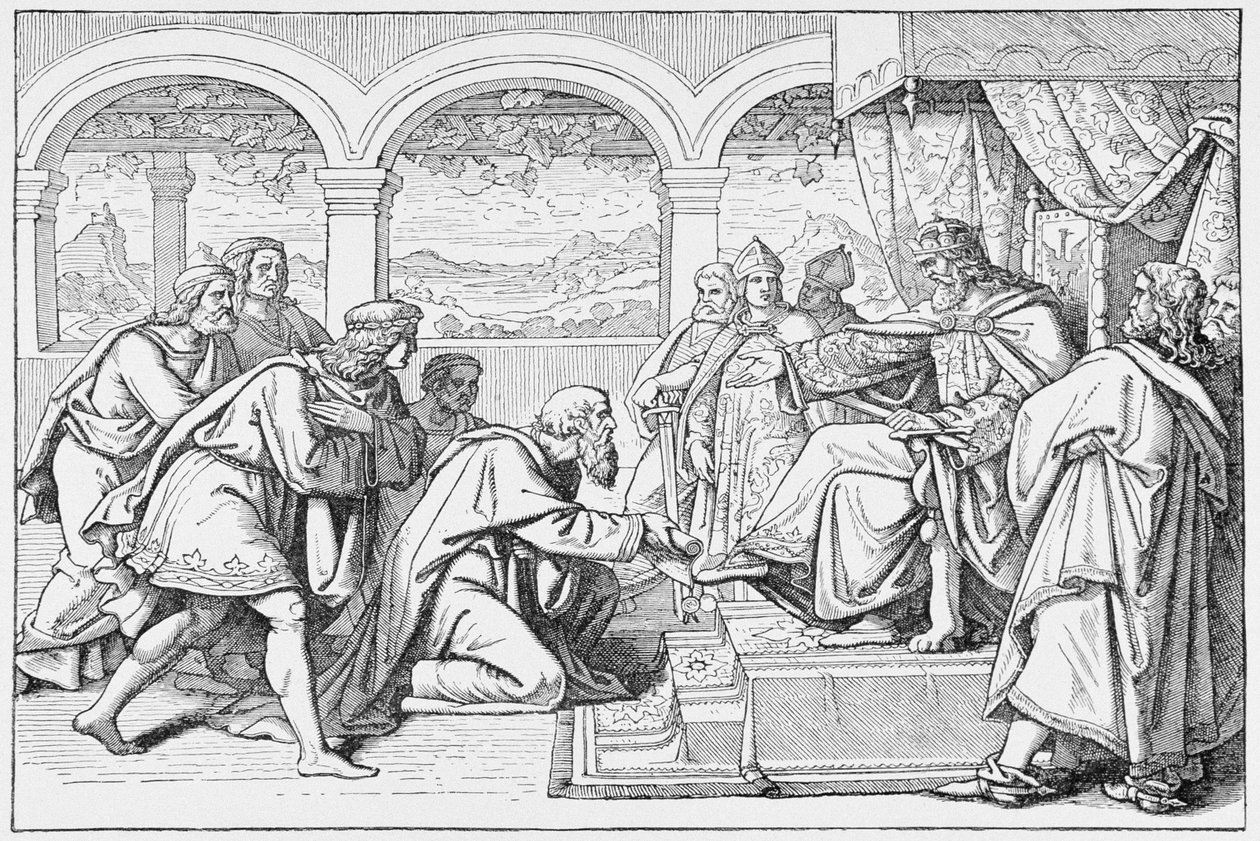 Haroun al Raschid (766-809 körül) Nagy Károly (768-814) előtti Nagykövetek, Emile de Bonnechose Franciaország történelméből, kiadó: Ward, Lock and Co, London alkotó: English School