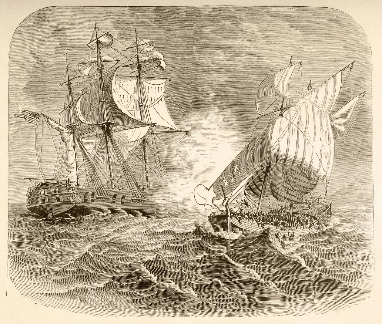 Egy amerikai haditengerészet hajója elfog egy algériai kalózhajót a Barbary Coastnál az első barbár háború (litho) idején alkotó: English School