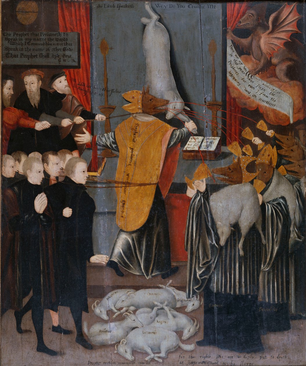Katolikusellenes allegória Stephen Gardiner, Winchester püspöke, valamint Bonner és Tunstall püspökök portréival farkasként, valamint Hooper, Cranmer, Goodrich, Ridley Latimer és Rogers holttesteivel mint Bárányok, 1555 körül alkotó: English School