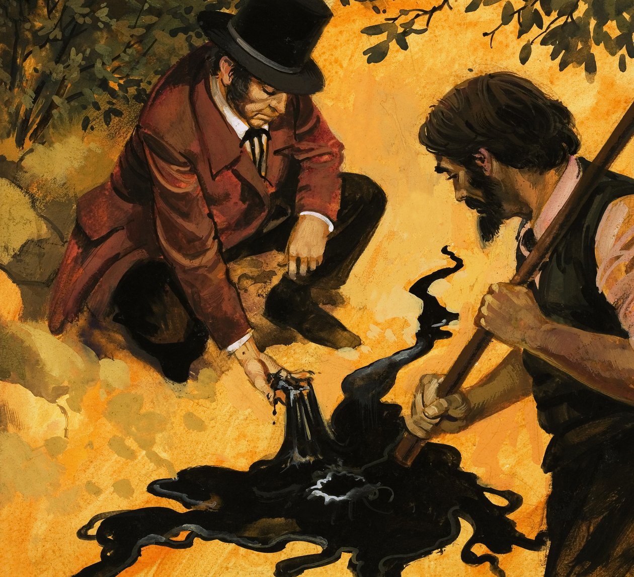 Egy Edward korabeli úriember felfedezi az olajat (gouache, papír) alkotó: English School