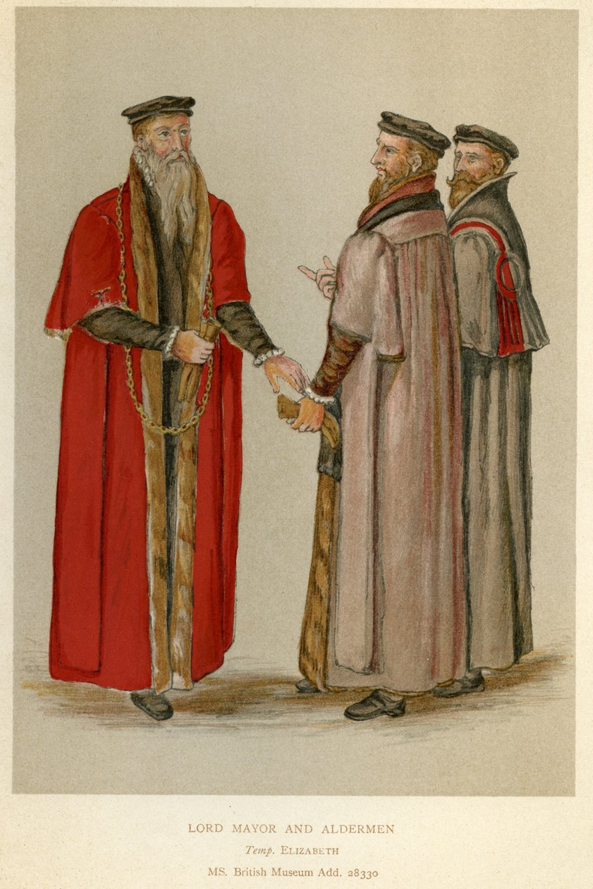 Egy Erzsébet-korabeli Lord Polgármester és Aldermen, illusztrációja J. R. Green „Az angol nép rövid története” című művéből, 1892 körül alkotó: English School